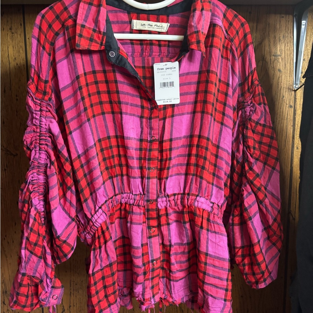 We The Free Red and Pink Plaid Button-Front Shirt